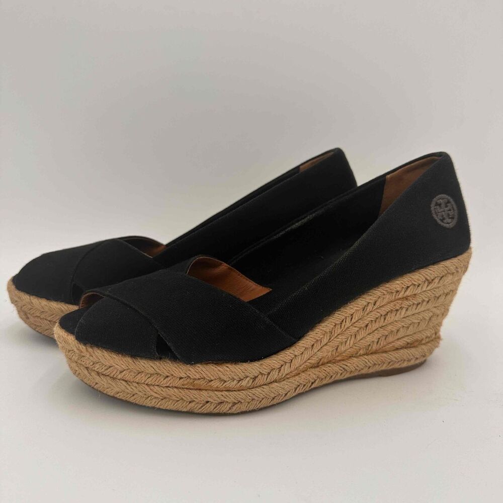 Tory Burch Black Filipa Open Toe Espadrille Wedges Shoes Size 38 / 8 - Picture 7 of 10